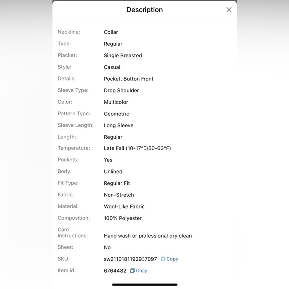 NWOT SHEIN Lune Multicolour Geo Print Drop Shoulder Flap Pocket Overcoat Size S - Picture 10 of 15